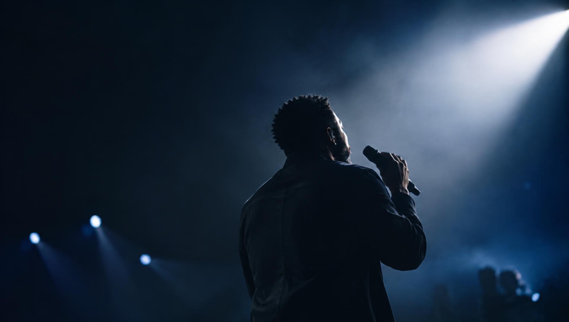 Placeholder: a male gospel singer performing under a stage spotlight
